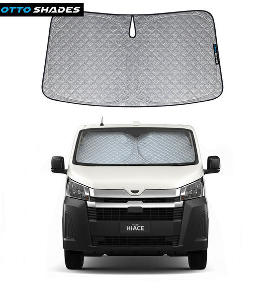 Patented Thick Windscreen Sunshade for Toyota HiAce 200 Van 2005-2019, 6-Layer Custom Fit, Maximum UV Protection & Heat Shield | Foldable Front Window Sunshade & Sun Visor Accessories