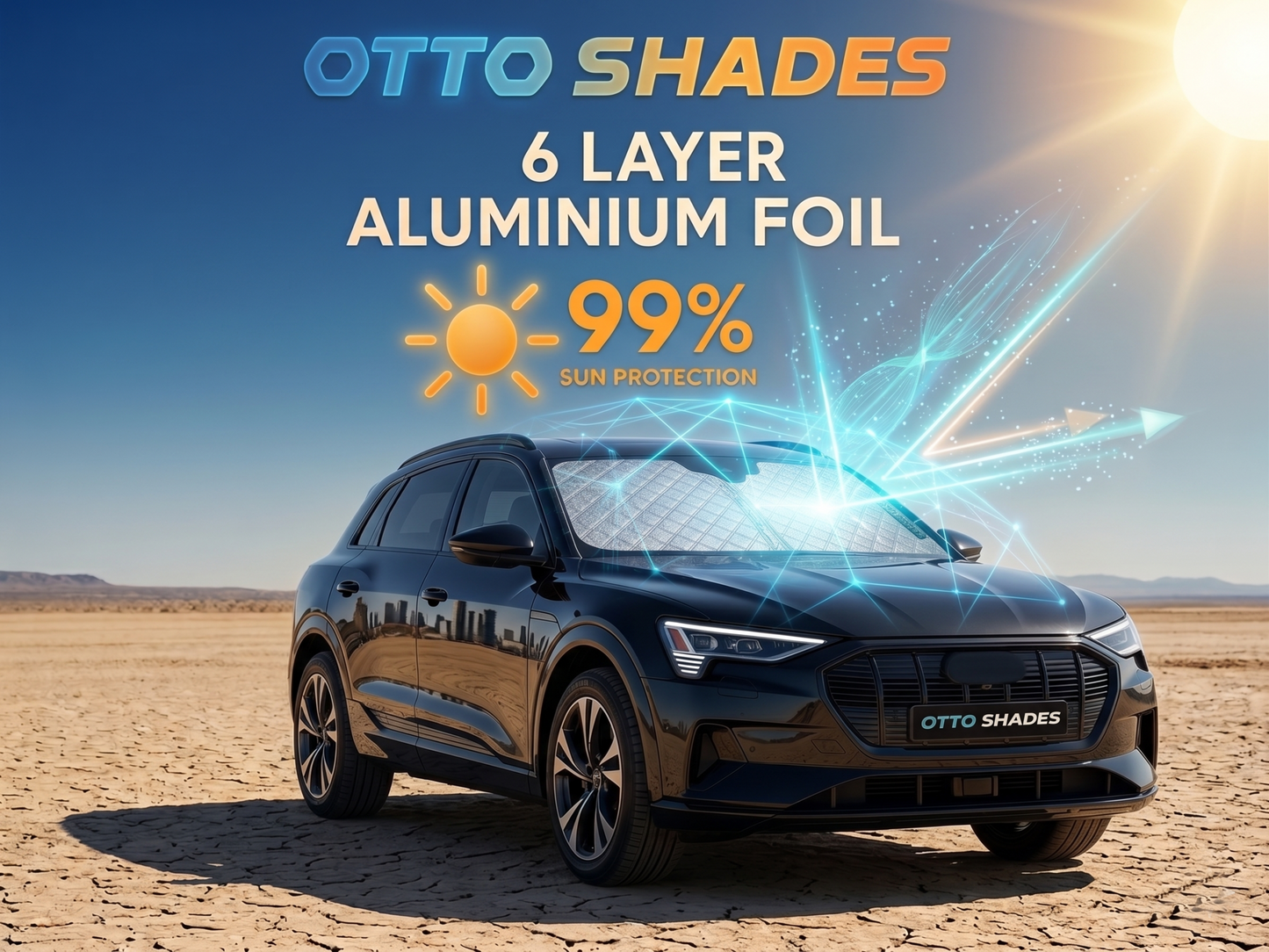 Black car on a desert landscape with 'OTTO SHADES' 6 Layer Aluminium Foil advertisement.