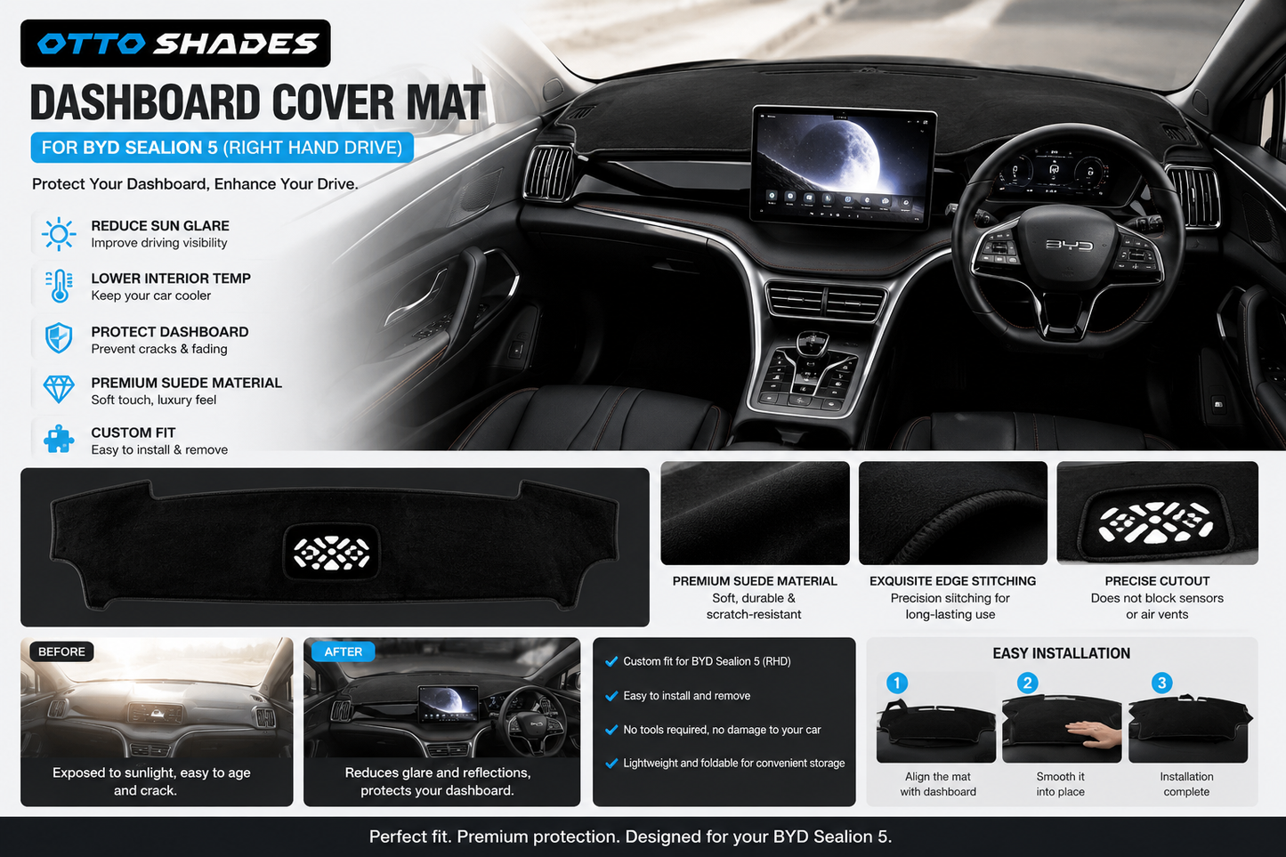 Dashboard Cover for BYD Sealion 5 2026 - Onwards Custom Fit Suede Dash Mat, Non-Slip Sunshade, Anti-Glare Dash Pad Sealion5 Accessories