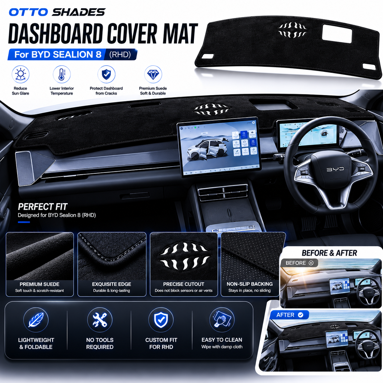 Dashboard Cover for BYD Sealion 8 2026 – Current Custom Fit Suede Dash Mat, Non-Slip Sunshade, Anti-Glare Dash Pad Sealion8 Accessories